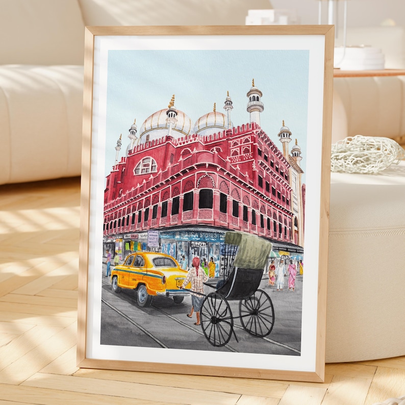 Lámina de acuarela de Calcuta, arte mural de la India, pintura de paisaje urbano de Calcuta, decoración bohemia india, descarga digital / NorrskenArt imagen 2