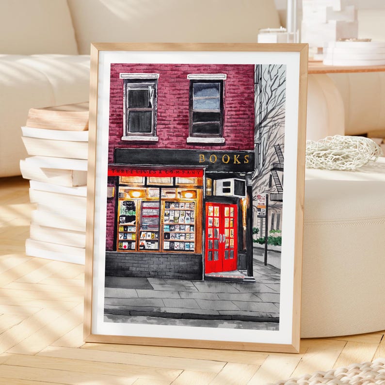 Impresión de acuarela de librería, arte mural de Nueva York, regalo para amantes de los libros, decoración literaria para ratones de biblioteca imagen 2