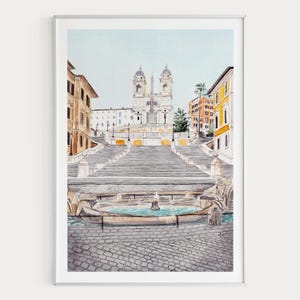 Stampa di Piazza di Spagna, decorazione murale di Roma, paesaggio urbano di Roma ad acquerello, decorazione di monumenti italiani