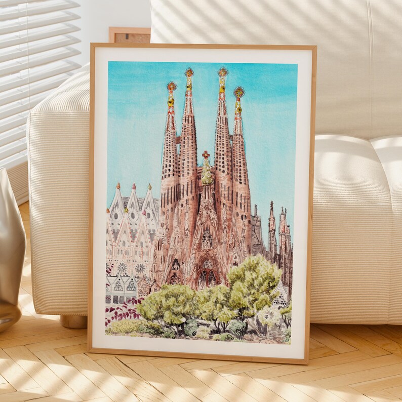 Impresión en acuarela de la Sagrada Familia, arte mural de Barcelona, decoración de España, pintura del paisaje urbano de Barcelona imagen 4