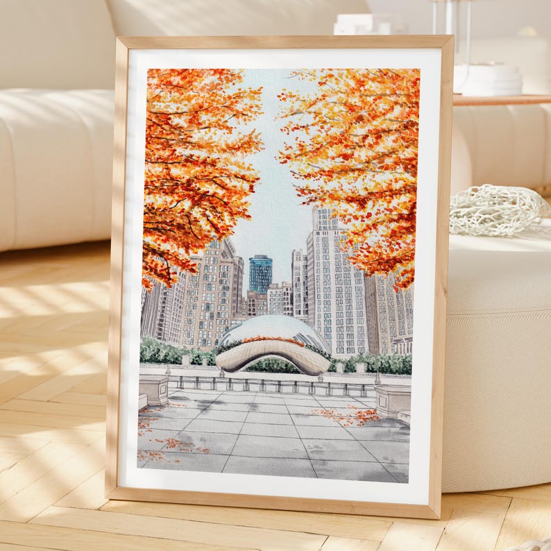Cloud Gate Watercolor Print, Chicago Wall Art, Chicago Cityscape Painting, Illinois Fall Decor image 2