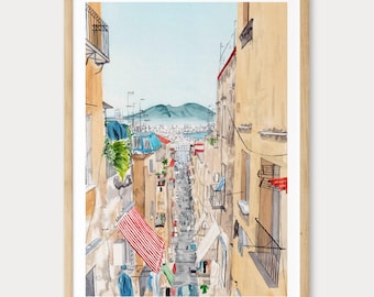 Napels print, Italië muurkunst, Napels aquarel stadsgezicht, Napels Italiaans decor, reiscadeau