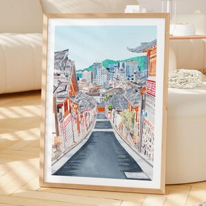 Akwarela Bukchon Hanok, sztuka ścienna z Korei Południowej, pejzaż miejski w Seulu, wystrój z Korei Południowej zdjęcie 2
