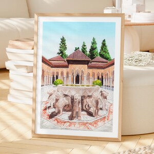 Alhambra Palace Watercolor Print, Spain Wall Art, Granada Cityscape Painting, Moorish Decor image 2