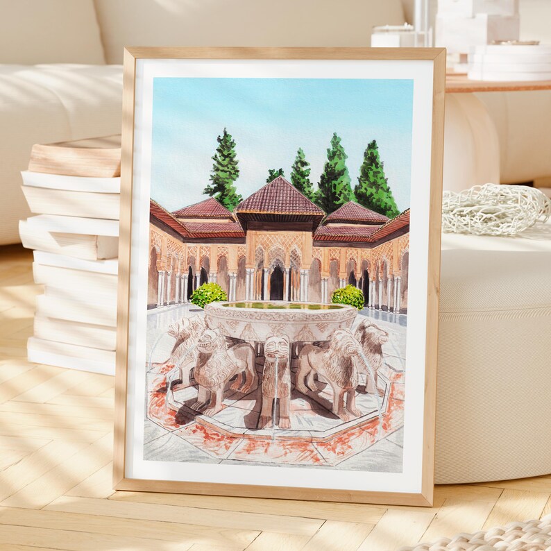 Alhambra Palace Watercolor Print, Spain Wall Art, Granada Cityscape Painting, Moorish Decor image 2