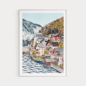 Hallstatt Print, Austria Wall Art, Watercolor Print, Hallstatt Landscape, Austria Wall Decor, Alpine Art, Europe Print, Travel Gift