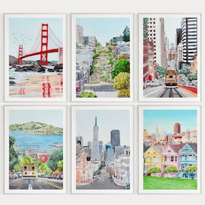 San Francisco Zestaw 6 wydruków akwarelowych, sztuka San Francisco, dekoracje ścienne w Stanach Zjednoczonych, krajobraz miasta San Francisco, wydruk USA, prezent podróżny