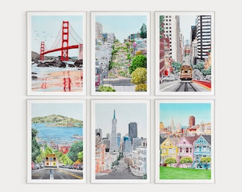 San Francisco Set of 6 Watercolor Print, San Francisco Art, United States Wall Decor, San Francisco Cityscape, USA Print, Travel Gift