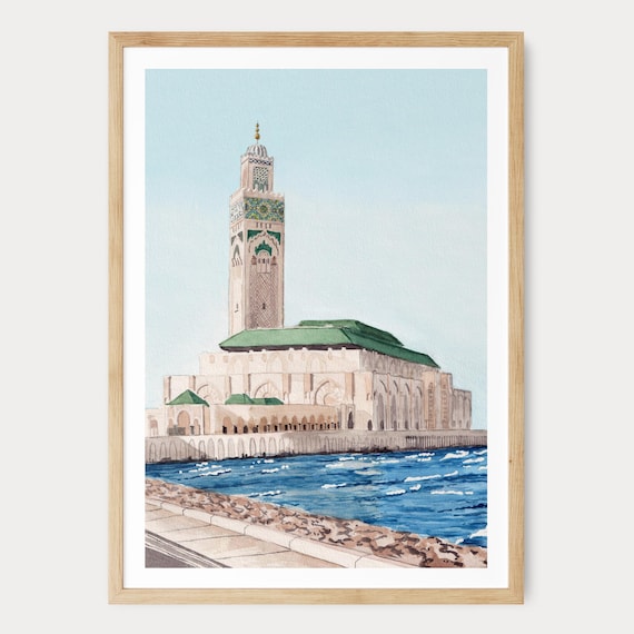 Casablanca Watercolor Print, Morocco Wall Art, Hassan 2 Mosque