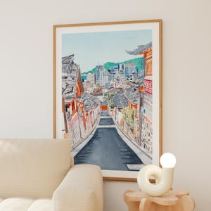 Akwarela Bukchon Hanok, sztuka ścienna z Korei Południowej, pejzaż miejski w Seulu, wystrój z Korei Południowej zdjęcie 3