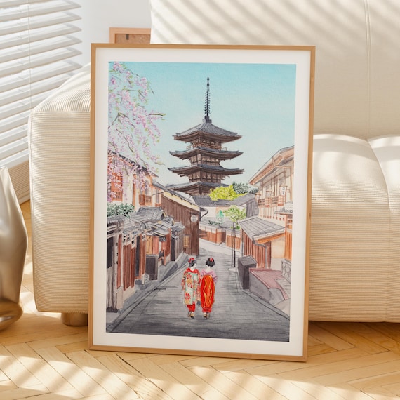 絵画 KYOTO Artirt High-quality REAL  SILVER 京都水彩画プリント、日本風ウォールアート、京都の街並み絵画、桜の