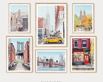 New York Wall Art Set of 6: Watercolor Prints, New York Cityscape Paintings, NY Printable Art, New York Travel Gift