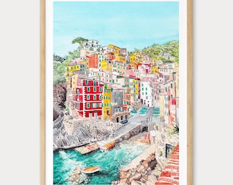 Cinque Terre Print, Italy Wall Art, Watercolor Coastal Landscape, Italian Riviera, Mediterranean Decor, Travel Gift