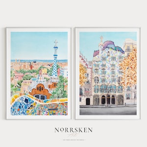 Barcelona Set of 2 Art Prints, Spain Wall Art, Barcelona Print, Park Guell, Casa Batlló, Watercolor Painting, Barcelona Gallery, Travel Gift
