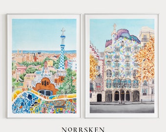 Set di 2 stampe d&#39;arte di Barcellona, arte da parete della Spagna, stampa di Barcellona, Parco Guell, Casa Batlló, pittura ad acquerello, Galleria di Barcellona, Regalo di viaggio