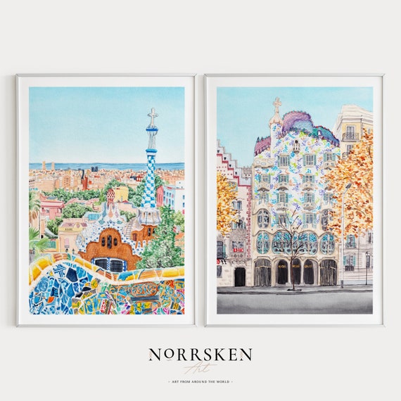 Barcelona Set of 2 Art Prints, Spain Wall Art, Barcelona Print, Park Guell, Casa Batlló, Watercolor Painting, Barcelona Gallery, Travel Gift
