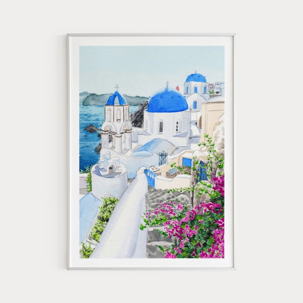 Santorini Print, Greece Wall Art, Watercolor Painting, Printable Art, Greece Print, Santorini Art, Santorini Cityscape, Travel Gift