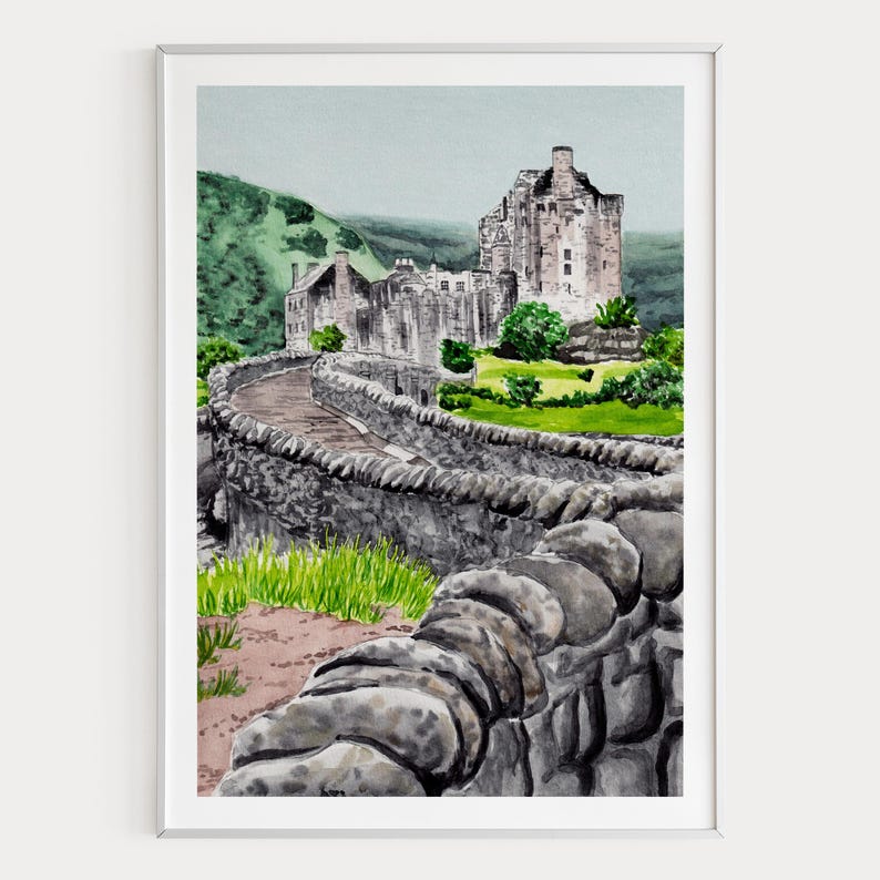 Eilean Donan Castle Watercolor Print, Scotland Wall Art, Scottish Highlands Landscape Painting, Scotland Decor image 1