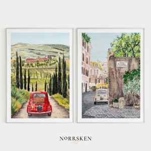 Conjunto de 2 impresiones de acuarela de Italia, impresión de Toscana, decoración italiana, arte de Trastevere, paisaje urbano de Roma, arte mural italiano, conjunto de galería de pared, regalo de viaje