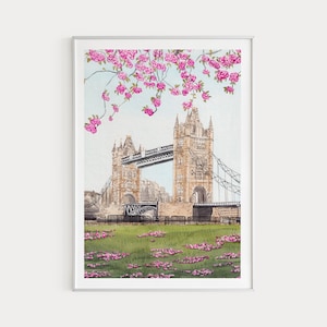 ロンドンの水彩画プリント | タワーブリッジアート | ロンドンの街並み | 春のウォールアート | 英国の印刷可能なアート | 旅行のウォールアート | ロンドンのアートプリント