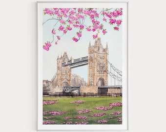 London Watercolor Print | Tower Bridge Art | London Cityscape | Spring Wall Art | UK Printable Art | Travel Wall Art | London Art Print