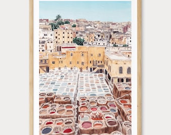 Fez Watercolor Print, Morocco Wall Art, Fez Tannery, Fez Cityscape Painting, Moroccan Bohemian decor, Travel Gift