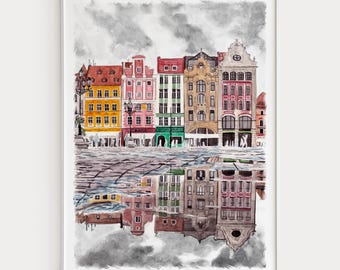 Gdansk Watercolor Print, Poland Wall Art, Gdansk Cityscape Painting, Polish Decor