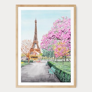 Arte mural de París, lámina de acuarela de la Torre Eiffel, pintura de paisaje urbano francés, decoración primaveral parisina para el hogar, regalo de viaje
