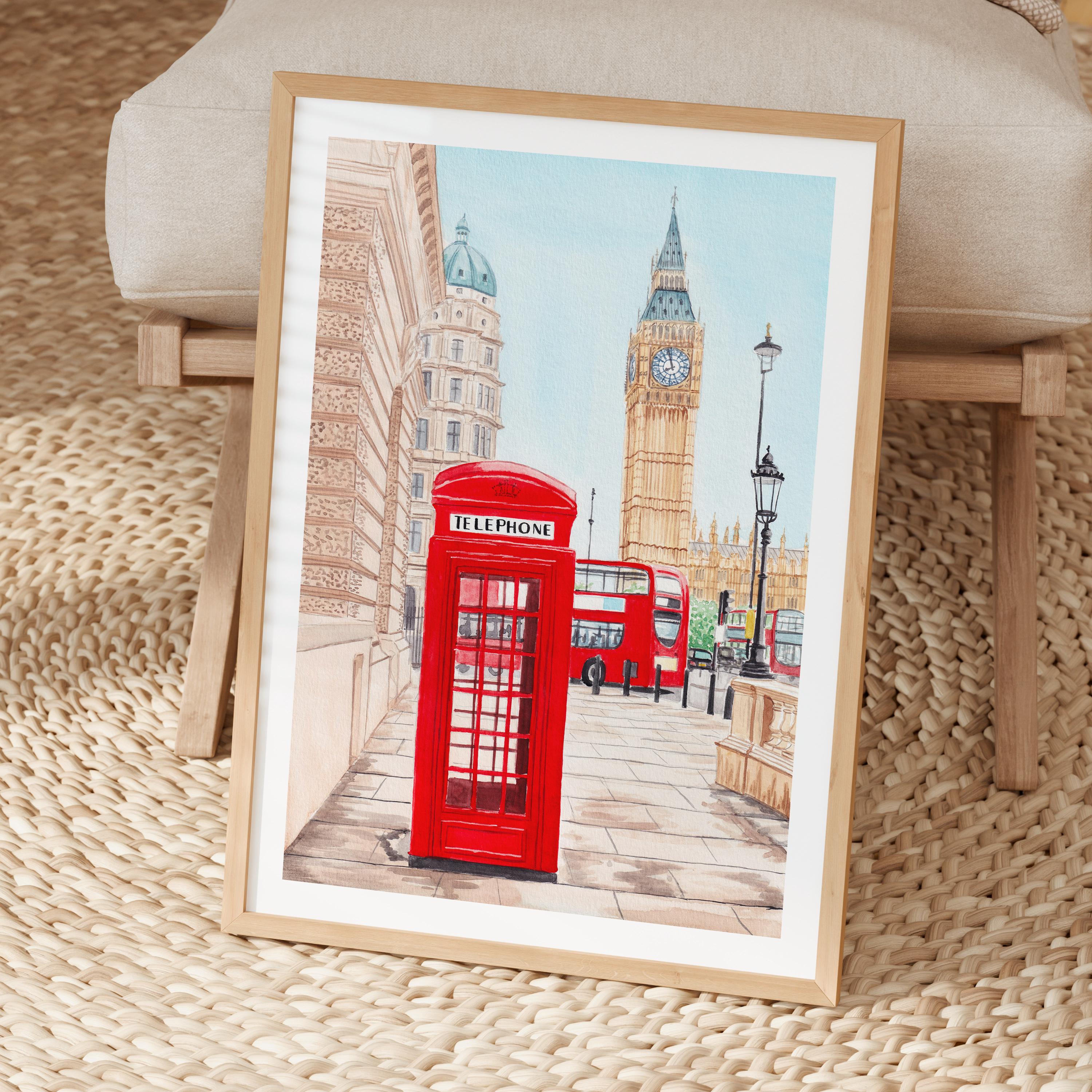 ロンドンプリント、英国ウォールアート、水彩画の都市景観、ビッグベン 