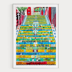 Impresión en acuarela de la Escalera de Selarón, arte mural de Brasil, pintura del paisaje urbano de Río de Janeiro, decoración costera de Brasil