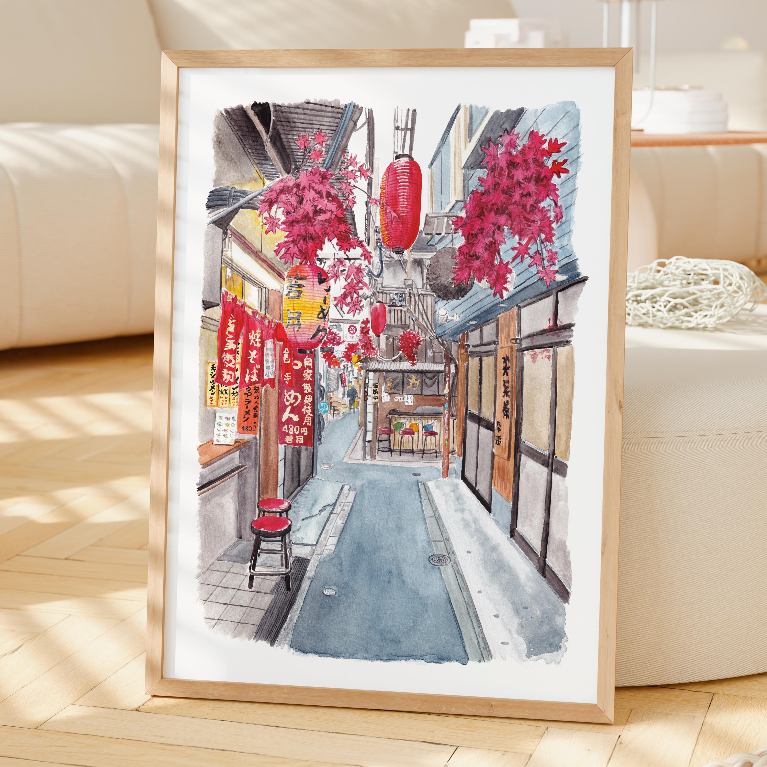 新宿路地裏の水彩画、日本の壁画、東京の街並み、日本の都市装飾