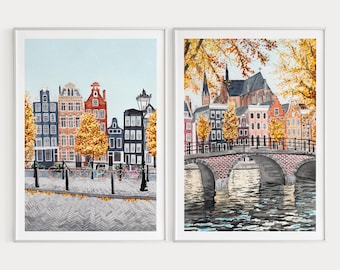 Set di 2 stampe di Amsterdam, stampa dei Paesi Bassi, dipinto di Amsterdam, arte murale di Amsterdam, stampa artistica di Amsterdam, stampa dell&#39;Europa, regalo di viaggio