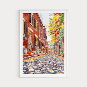 Boston in Fall Watercolor Print, Acorn Street Painting, Massachusetts Printable Art, Boston Cityscape, Fall Wall Decor, Beacon Hill Art