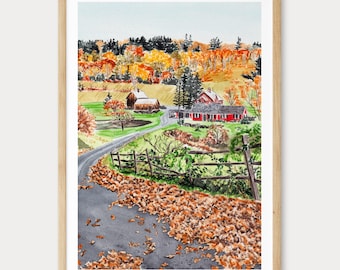 May include: Watercolor painting of a rural autumn scene. A winding road leads past red buildings and a wooden fence, with colorful trees in the background. The road is covered in fallen leaves, and the artwork is framed in a light wood frame.