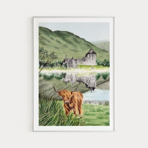 Kilchurn Castle Print, Scotland Wall Art, Watercolor Painting, Highland Cow, Scotland Decor, Scotland Landscape, Europe Print, Travel Gift