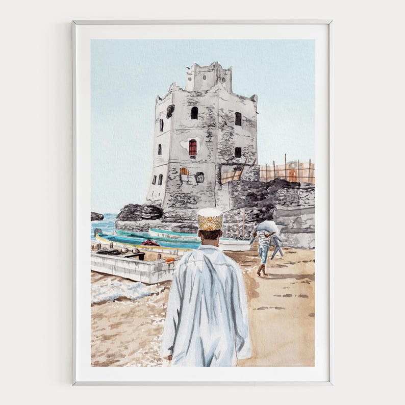 Mogadishu Watercolor Print, Somalia Wall Art, Mogadishu Cityscape Painting, Somali Coastal Decor image 1