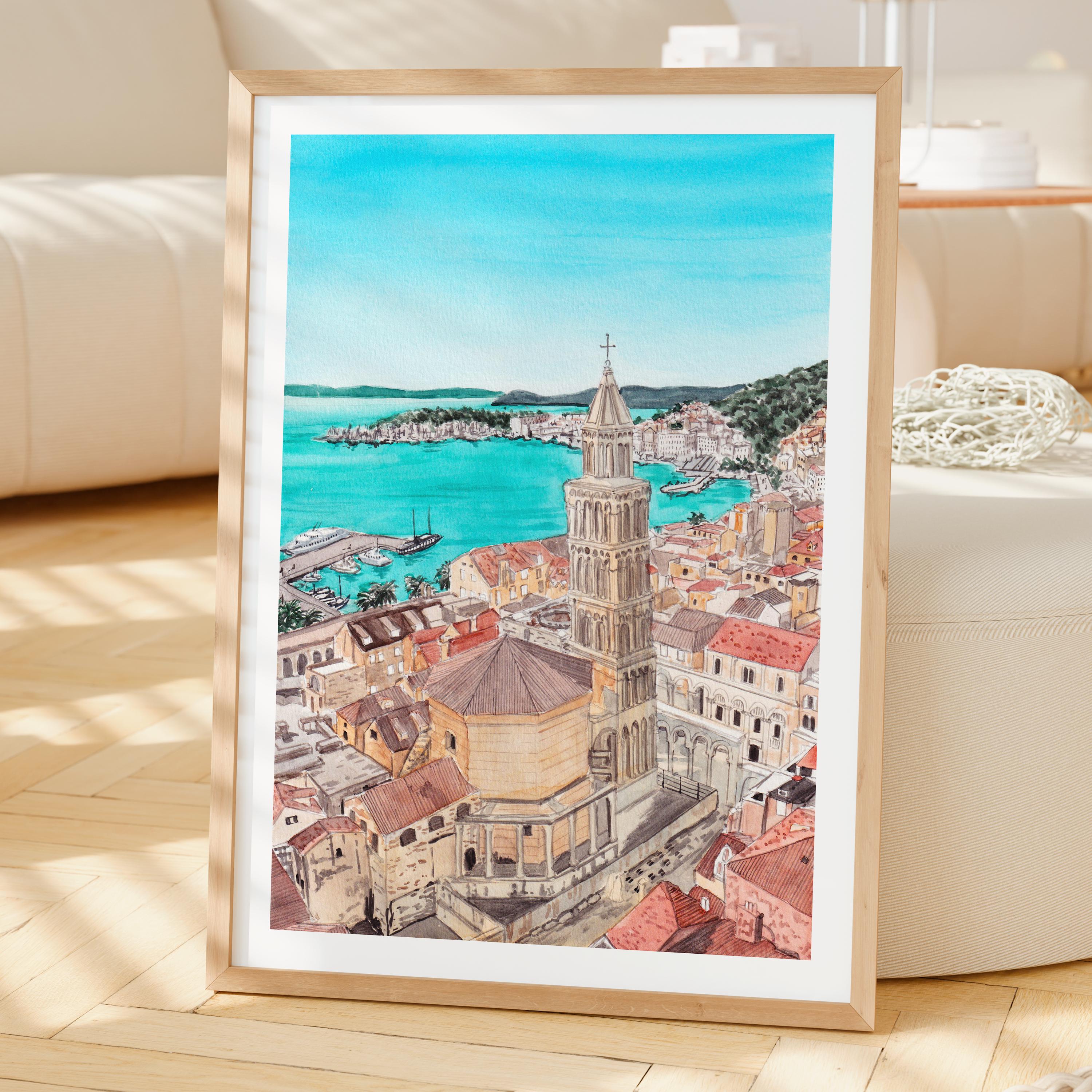 スプリットの水彩画、クロアチアの壁画、スプリットの街並みの絵画