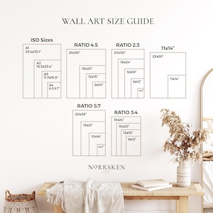 May include: A wall art size guide with various aspect ratios and dimensions in inches. Includes ISO sizes, Ratio 4:5, Ratio 2:3, Ratio 5:7, and Ratio 3:4. The guide is labeled "WALL ART SIZE GUIDE" and includes the brand name "NORRSKEN Art".