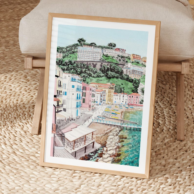 Sorrento Print, Amalfi Coast Wall Art, Sorrento Watercolor Landscape, Italian Coastal Decor, Italy Travel Gift image 5