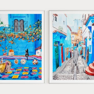 Chefchaouen Set of 2, Morocco Wall Art, Blue City Print, Chefchaouen Print, Watercolor Painting, Morocco Art, Africa Print, Travel Gift