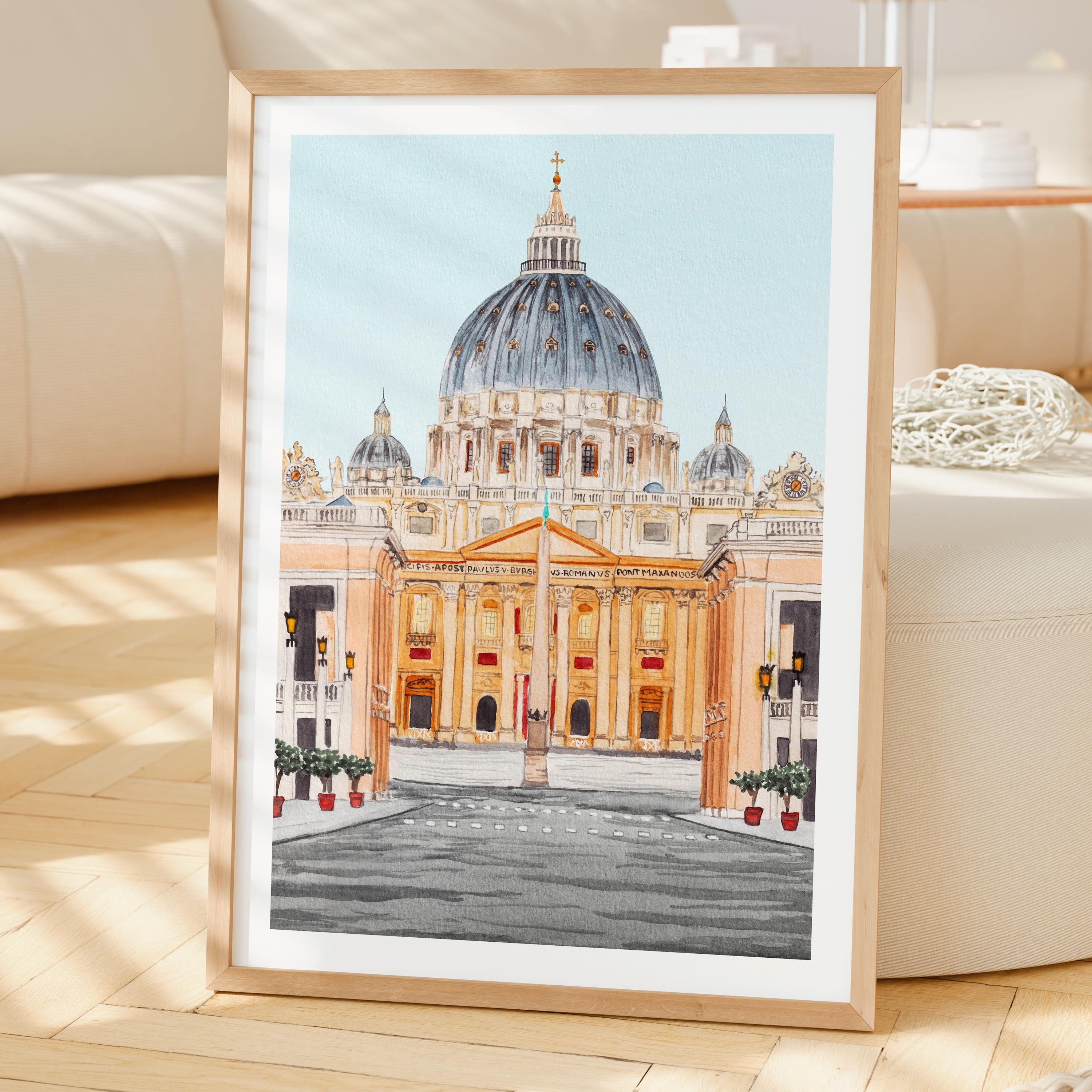Vatican City Watercolor Print, St. Peter's Basilica, Vatican