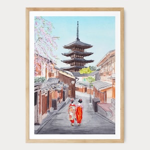 Kyoto Watercolor Print, Japanese Wall Art, Kyoto Cityscape Painting, Sakura Spring Decor, Japan Travel Gift