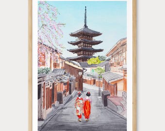 Lámina de acuarela de Kioto, arte mural japonés, pintura de paisaje urbano de Kioto, decoración de primavera de Sakura, regalo de viaje a Japón