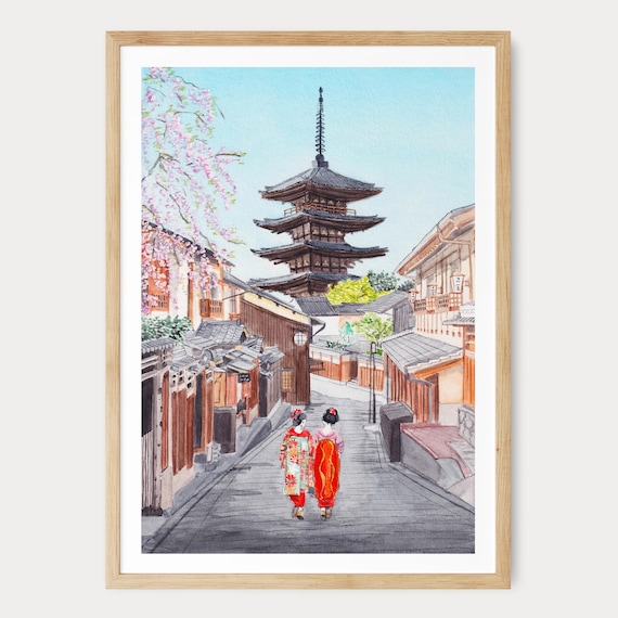 京都水彩画プリント、日本風ウォールアート、京都の街並み絵画、桜の