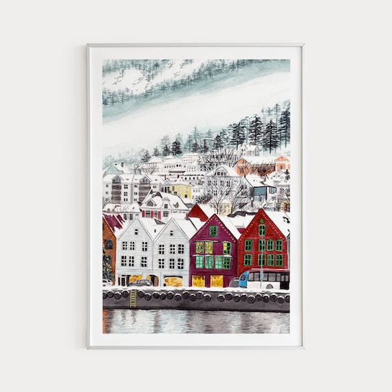 ノルウェー　ベルゲン　ヨーロッパ　風景画　水彩画　アクリル画　インテリア 北欧 ノルウェー ベルゲン ヨーロッパ 風景画 水彩画 アクリル画