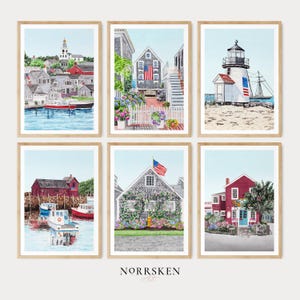 Lot de 6 oeuvres d'art murales côtières de la Nouvelle-Angleterre : Nantucket, Cape Cod et Rockport Massachusetts, aquarelles, décoration de maison de plage, NorrskenArt