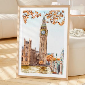 Big Ben-aquarelprint, kunst aan de muur VK, stadsgezicht Londen herfst, decor Engeland, vintage afdrukbare muurkunst, reiscadeau afbeelding 5