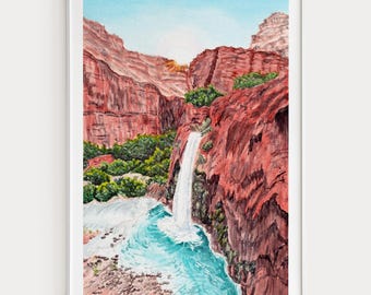 Havasu Falls Watercolor Print, Arizona Wall Art, Grand Canyon Landscape Painting, Arizona Decor