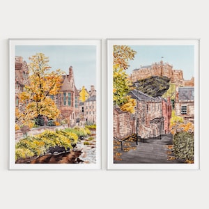 Edinburgh Set of 2, Scotland Wall Art, Edinburgh Print, Scotland Art, Edinburgh Cityscape, Dean Village Print, Fall Wall Decor, Travel Gift