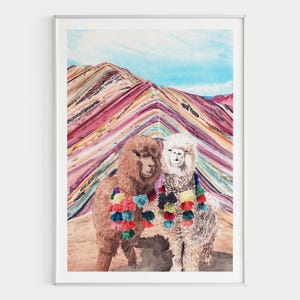 Aquarelprint van Rainbow Mountain, kleurrijk landschapsschilderij met alpaca's in Peru, muurdecoratie voor de kinderkamer (digitale download)